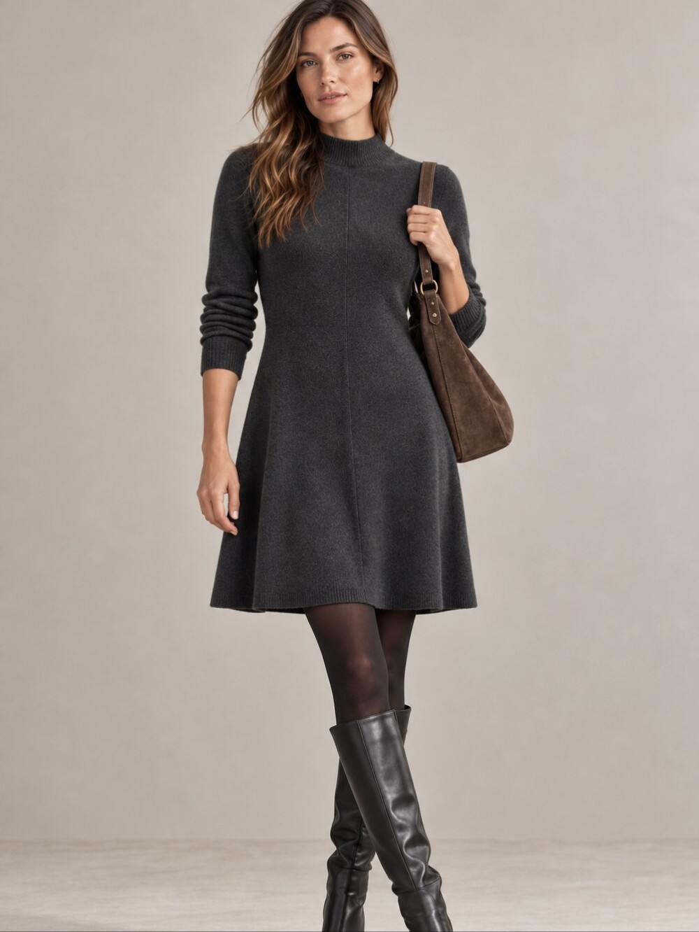 SUNDANCE CASHMERE Mock Funnel Neck Heathered Charcoal Sweater Dress Small